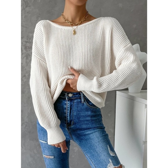 Minimalist Twist Back Drop Shoulder Boat Neck Sweater backless - Picture 4 of 11